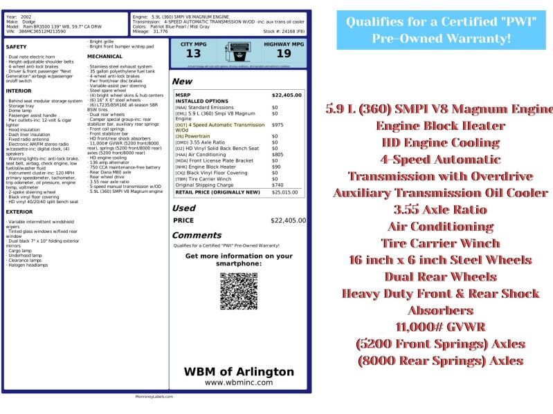 2002 Dodge Ram BR 3500 BR3500 139 WB, 59.7 CA DRW Box Truck DRW 2002 Dodge Ram BR 3500 BR3500 139 WB, 59.7 CA DRW Box Truck DRW