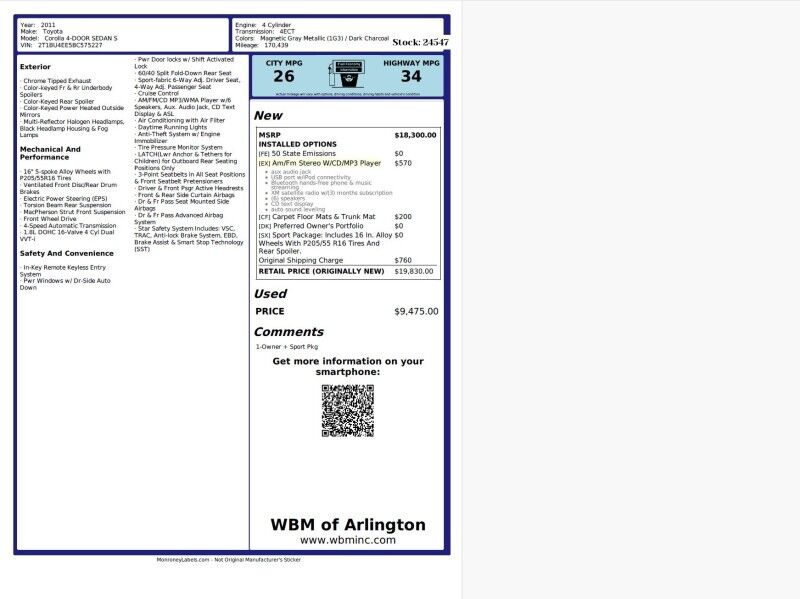 2011 Toyota Corolla S 2011 Toyota Corolla S