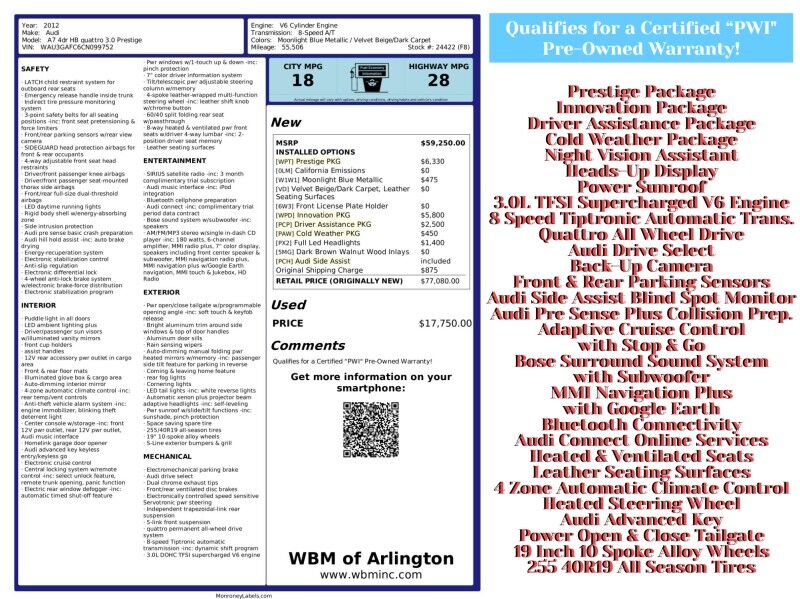 2012 Audi A7 3.0T quattro Prestige AWD 2012 Audi A7 3.0T quattro Prestige AWD