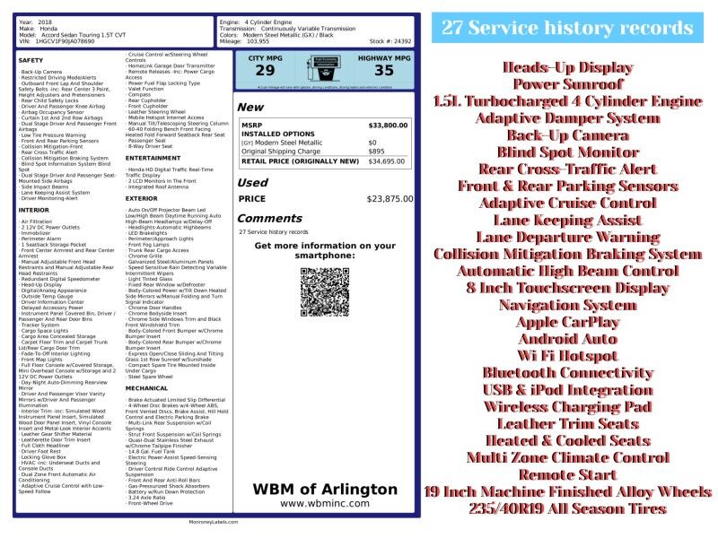 2018 Honda Accord 1.5T Touring FWD 2018 Honda Accord 1.5T Touring FWD