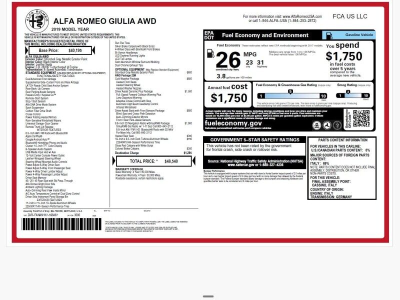 2019 Alfa Romeo Giulia AWD w/ Driver Assist Dynamic Plus Package 2019 Alfa Romeo Giulia AWD w/ Driver Assist Dynamic Plus Package