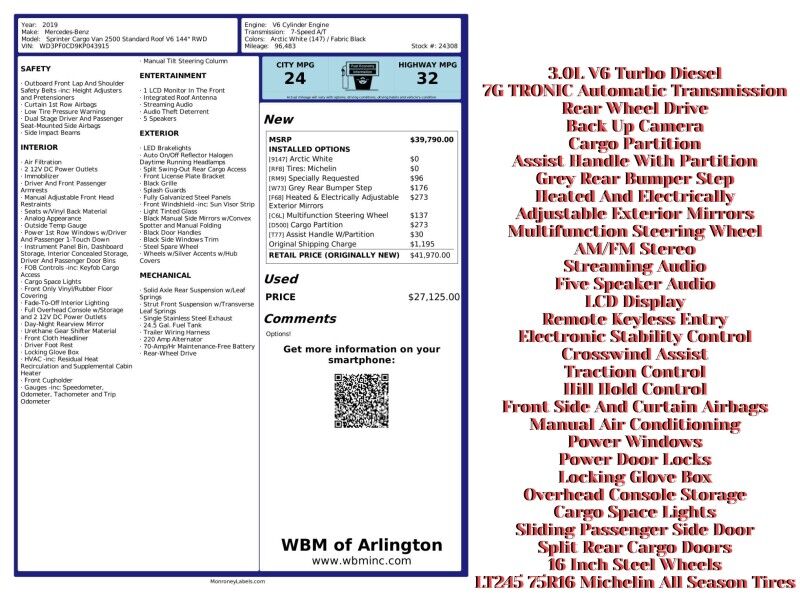2019 Mercedes-Benz Sprinter Cargo 2500 144 V6 RWD 2019 Mercedes-Benz Sprinter Cargo 2500 144 V6 RWD