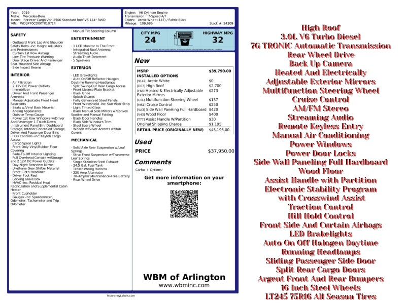 2019 Mercedes-Benz Sprinter Cargo 2500 170 V6 High Roof RWD 2019 Mercedes-Benz Sprinter Cargo 2500 170 V6 High Roof RWD