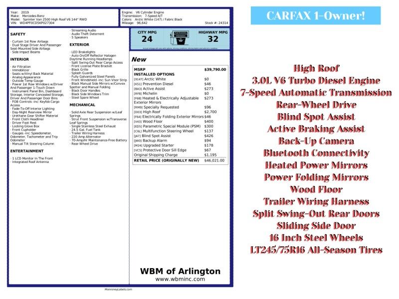 2019 Mercedes-Benz Sprinter Cargo 2500 170 V6 High Roof RWD 2019 Mercedes-Benz Sprinter Cargo 2500 170 V6 High Roof RWD
