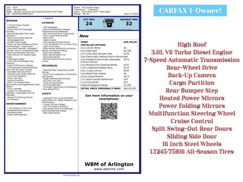 2019 Mercedes-Benz Sprinter Cargo 2500 V6 High Roof RWD 2019 Mercedes-Benz Sprinter Cargo 2500 V6 High Roof RWD