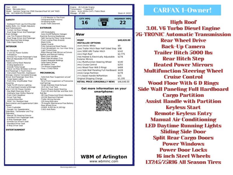 2020 Mercedes-Benz Sprinter Cargo 2500 170 V6 High Roof RWD 2020 Mercedes-Benz Sprinter Cargo 2500 170 V6 High Roof RWD
