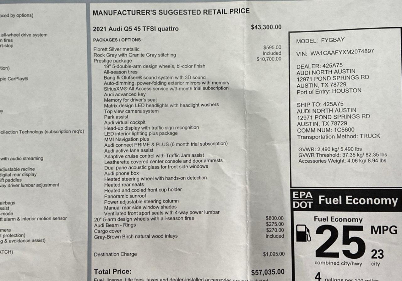 2021 Audi Q5 Prestige, 20in Wheels Houston TX 2021 Audi Q5 Prestige, 20in Wheels Houston TX