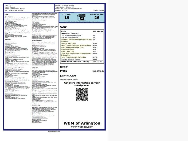 2022 Subaru WRX Limited Manual 2022 Subaru WRX Limited Manual