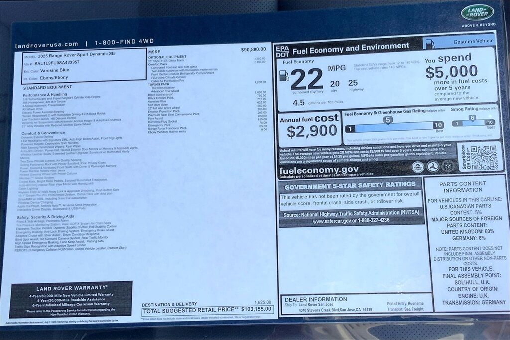 2025 Land Rover Range Rover Sport Dynamic SE San Jose CA