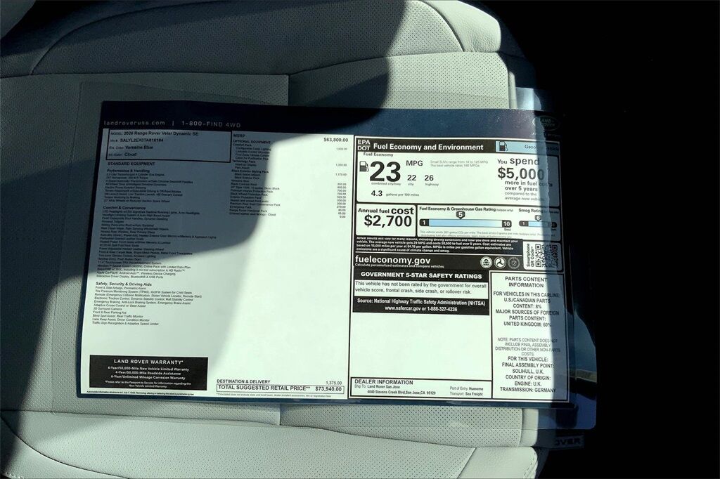 2026 Land Rover Range Rover Velar Dynamic SE San Jose CA