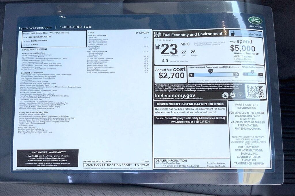 2026 Land Rover Range Rover Velar Dynamic SE San Jose CA