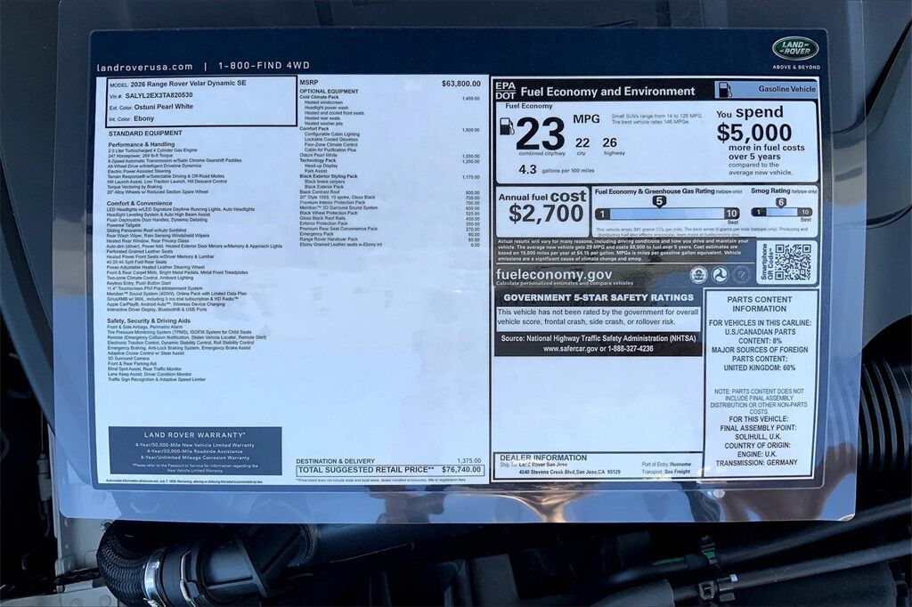 2026 Land Rover Range Rover Velar Dynamic SE San Jose CA