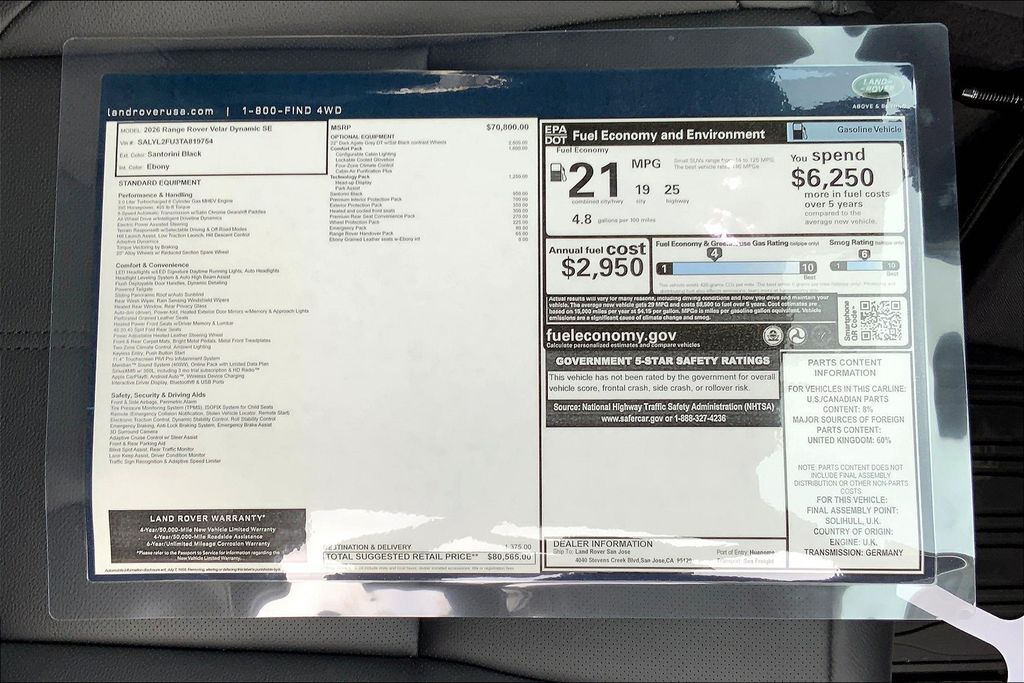 2026 Land Rover Range Rover Velar Dynamic SE San Jose CA