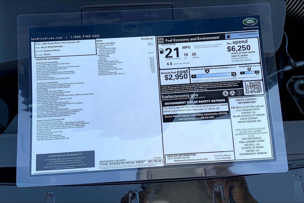 2026 Land Rover Range Rover Velar Dynamic SE San Jose CA