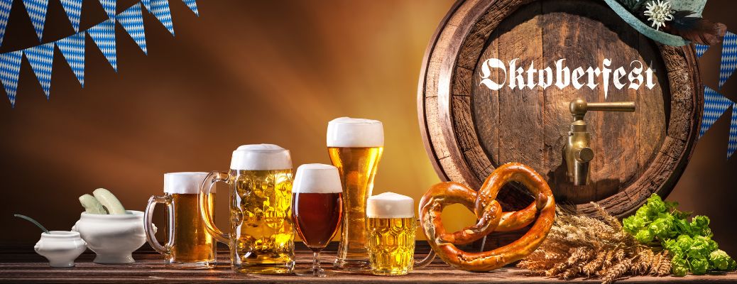 Several drinks and pretzels on the table