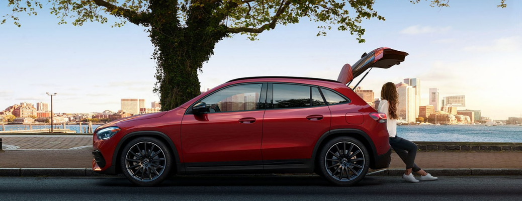 A woman near the 2021 Mercedes-Benz GLA