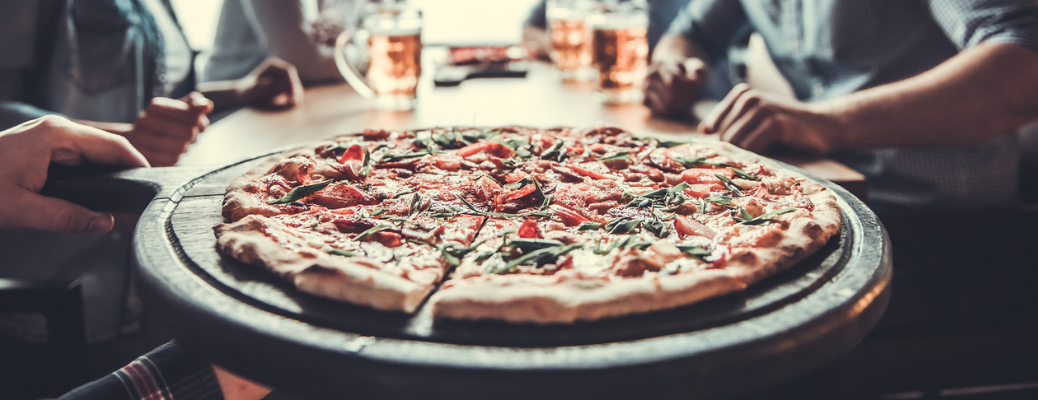 Pizza served at a restaurant