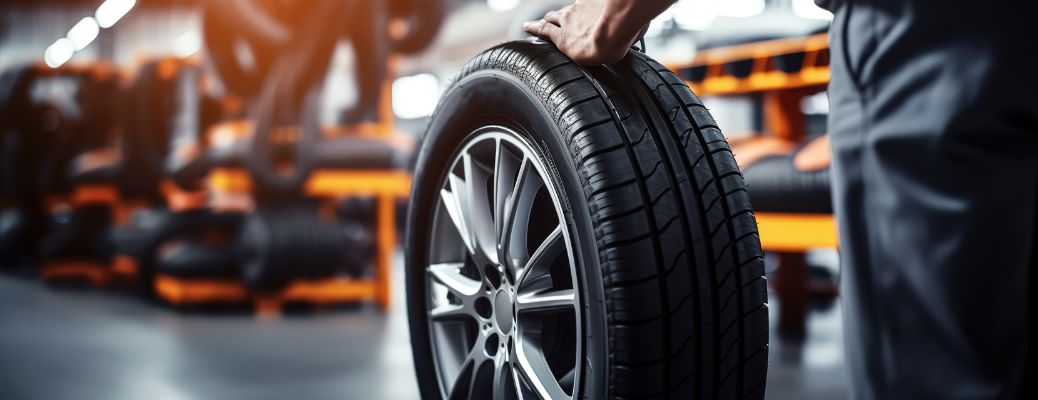 A man holding a tire with his hand