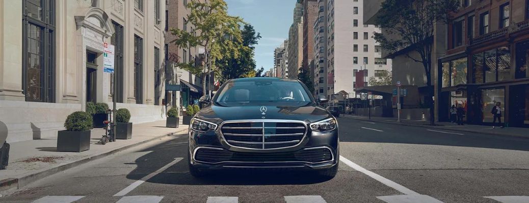 front view image of a Mercedes-Benz S-Class Sedan on a road