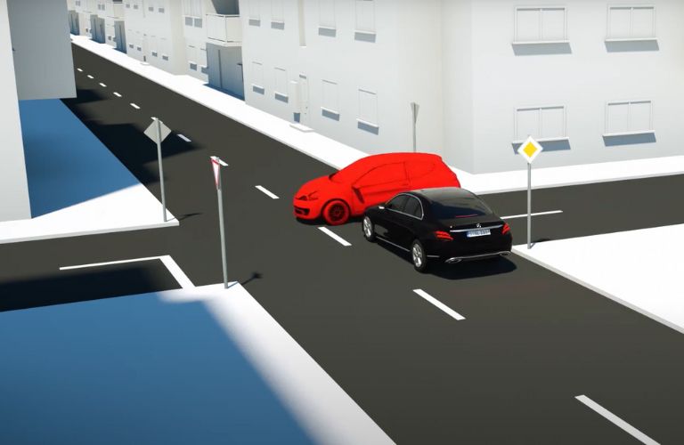 Active Brake Assist in action in a Mercedes-Benz vehicle
