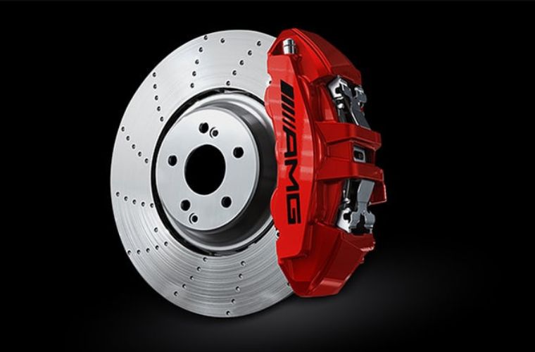 red Mercedes-Benz brake calipers