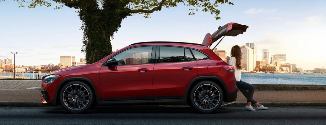 Side view of the 2023 Mercedes-Benz GLA 250 with liftgate open