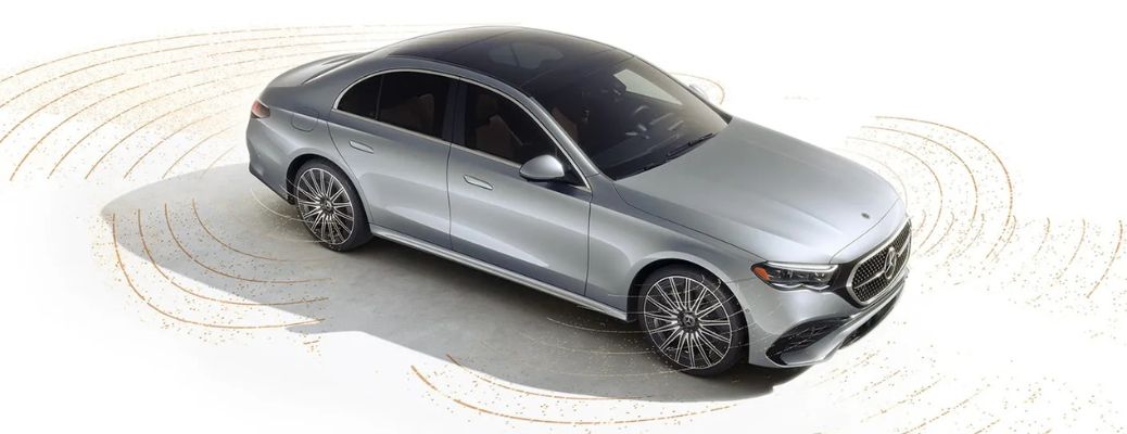 Front-quarter view of the 2025 Mercedes-Benz E-Class Gray