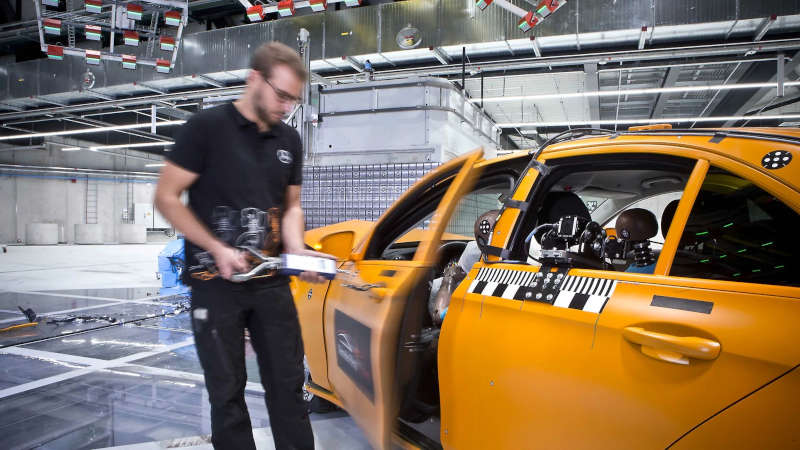 The modern crash test facility at Mercedes-Benz today