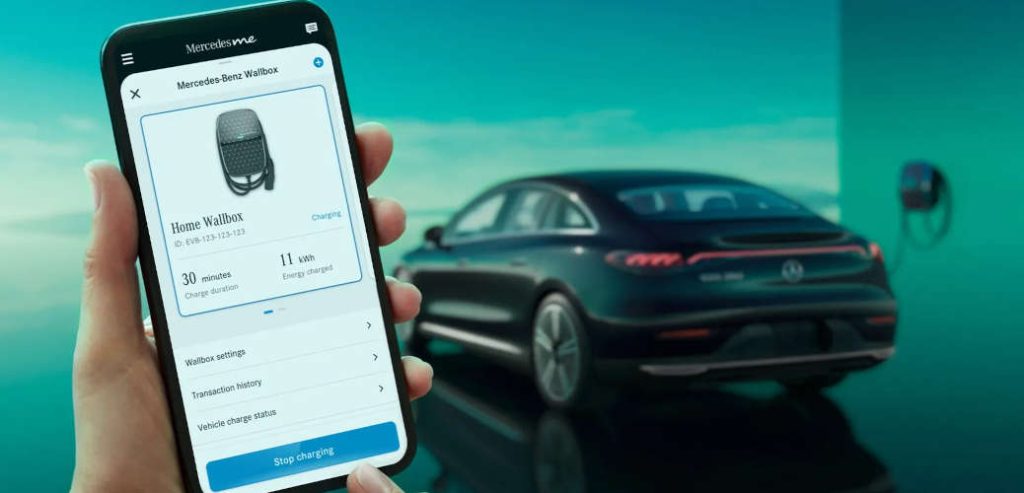 The 2026 Mercedes-Benz AMG® EQE Sedan at a home charging station.