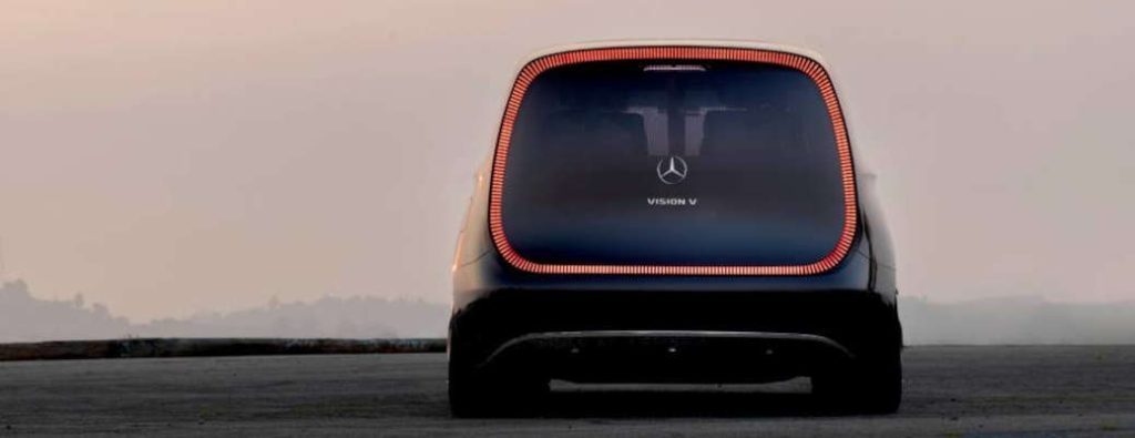 A rear exterior view of the Vision V limousine in Hollywood, CA