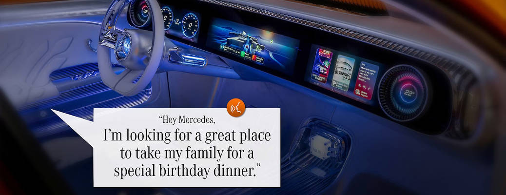 A graphic depicting an interaction between a driver and the MBUX Virtual Assistant