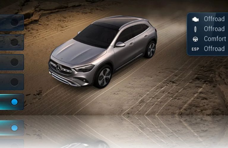 top view of the 2026 Mercedes-Benz GLA SUV with driving modes on the right side of the image