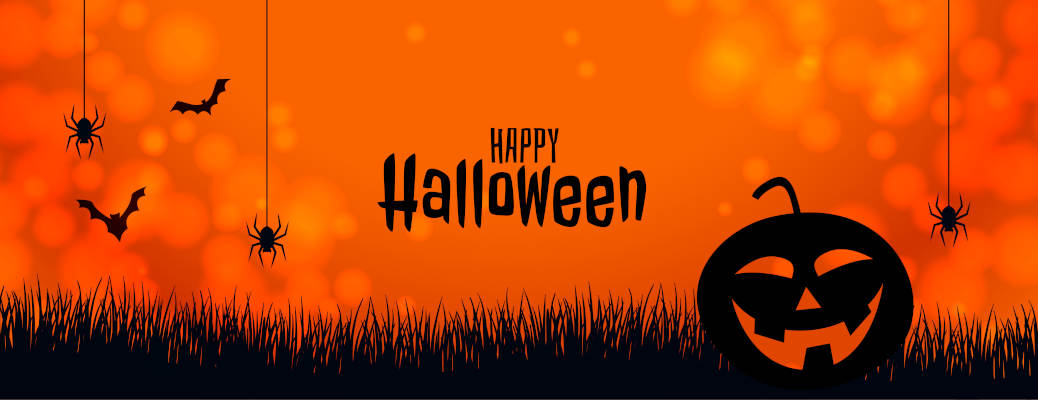 orange halloween banner with pumpkin spider and bats
