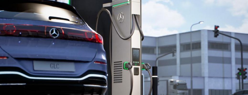 rear view of a Mercedes-Benz EV getting charged