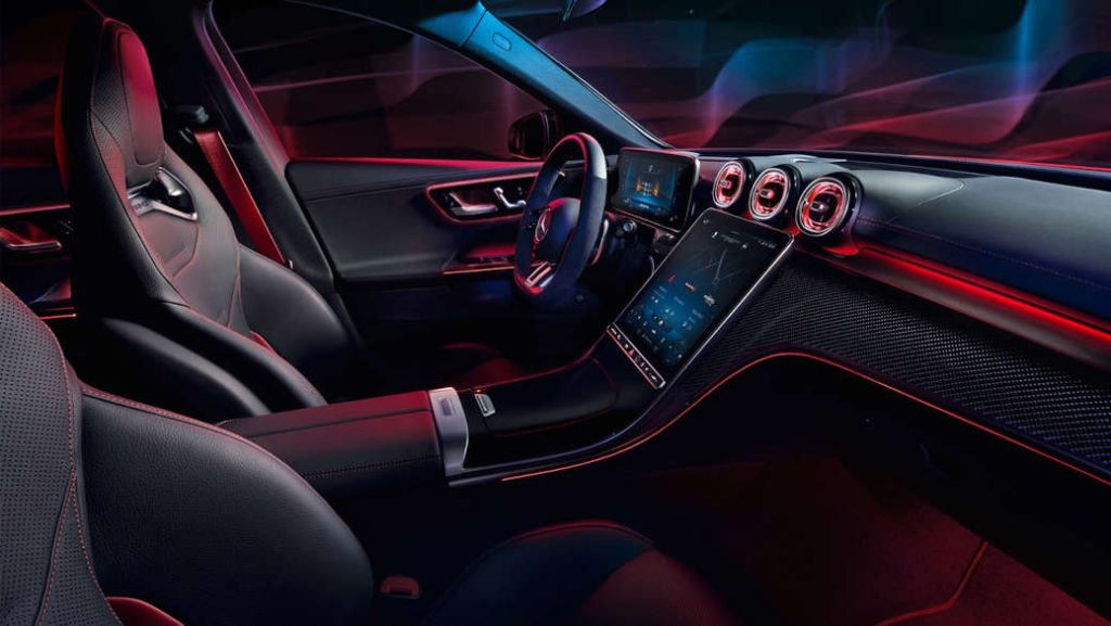 The high-tech, luxurious interior of the 2026 AMG® C 43 Sedan