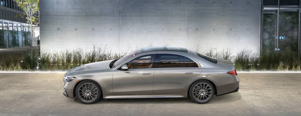 A side exterior view of one of the luxurious and powerful Mercedes-Benz S-Class models