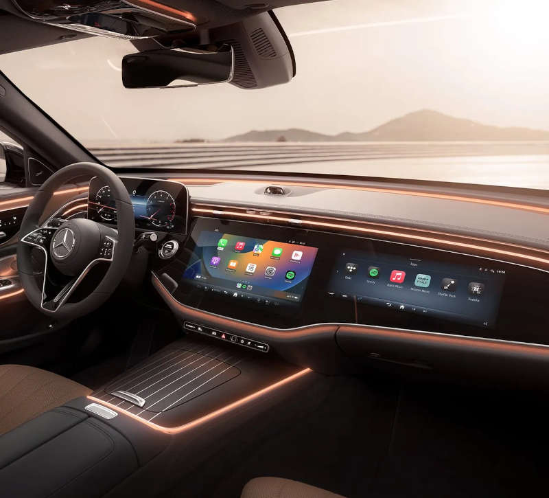 The massive MBUX infotainment center in the 2026 Mercedes-Benz E-Class interior