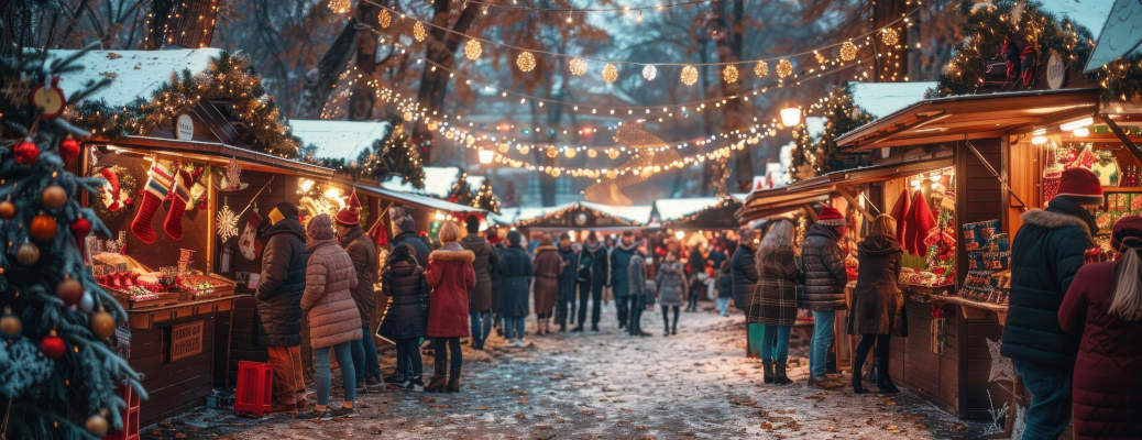 Festive Christmas market bustling with people, colorful stalls selling holiday goods, twinkling lights and decorations, joyful atmosphere, cold winter evening, copy space