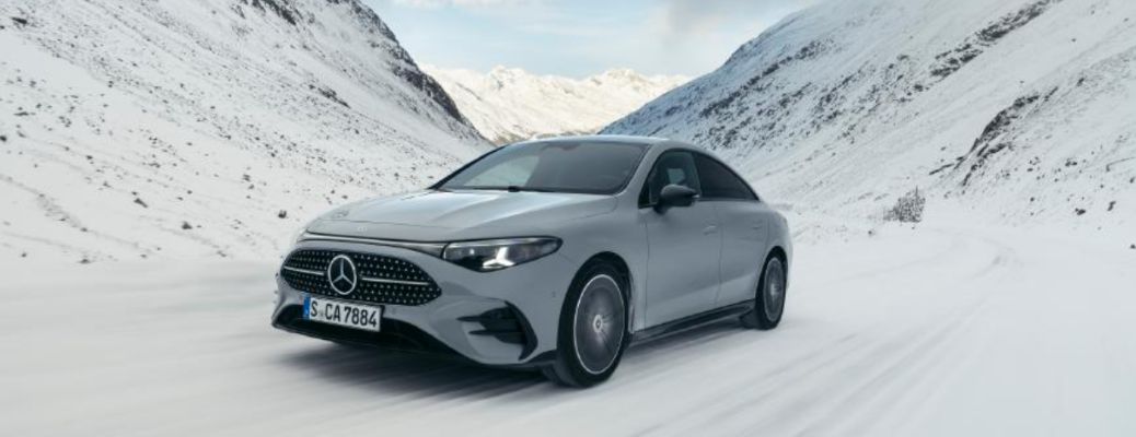 front and side view of the new Mercedes-Benz CLA Hybrid in snow