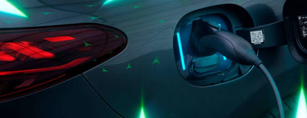 A Mercedes-Benz EV at a charging station