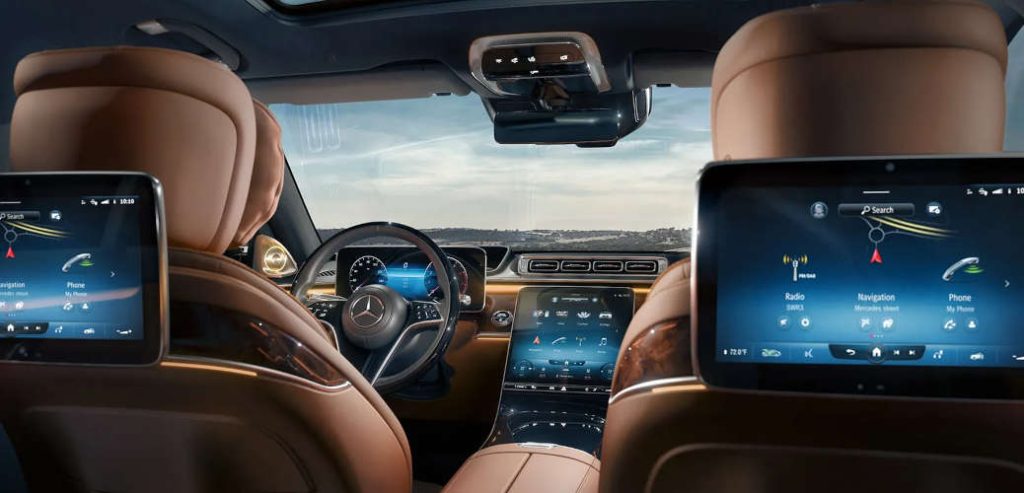 The interior of a Mercedes Benz equipped with Burmester® Surround Sound