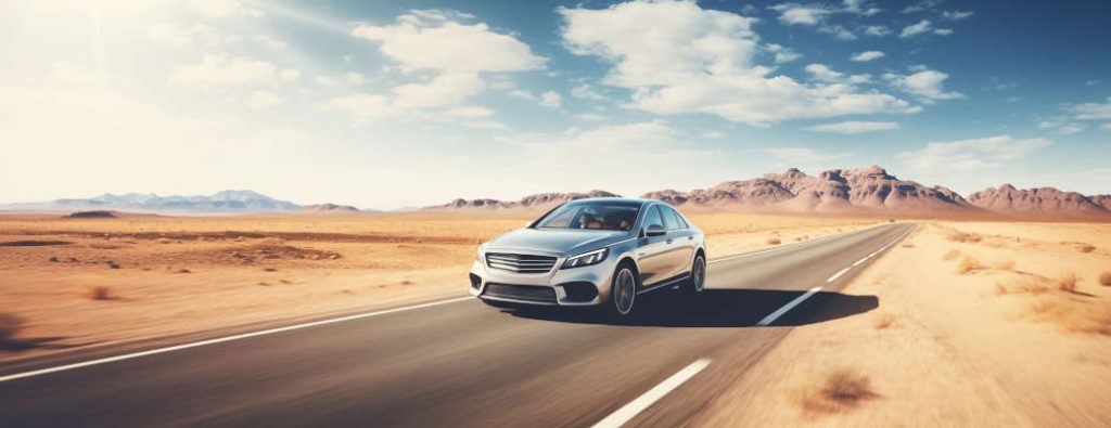 A car on an Arizona highway that has been prepped for the road trip at Mercedes-Benz of Scottsdale