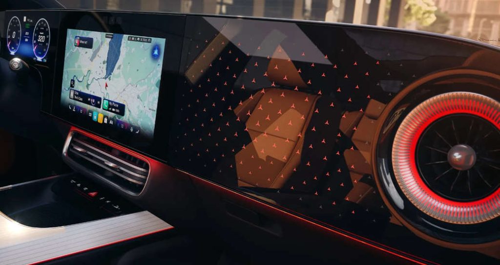 The amazing MBUX Hyperscreen display in the 2026 CLA 250+ with EQ Technology features a screen for passengers 