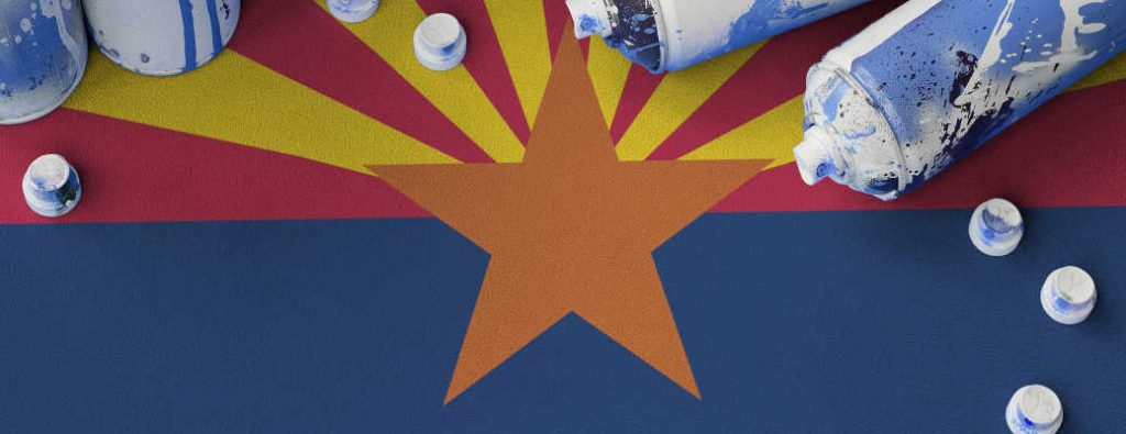 The Arizona state flag surrounded by art supplies - a graphic representing Scottsdale Art Week 2026 