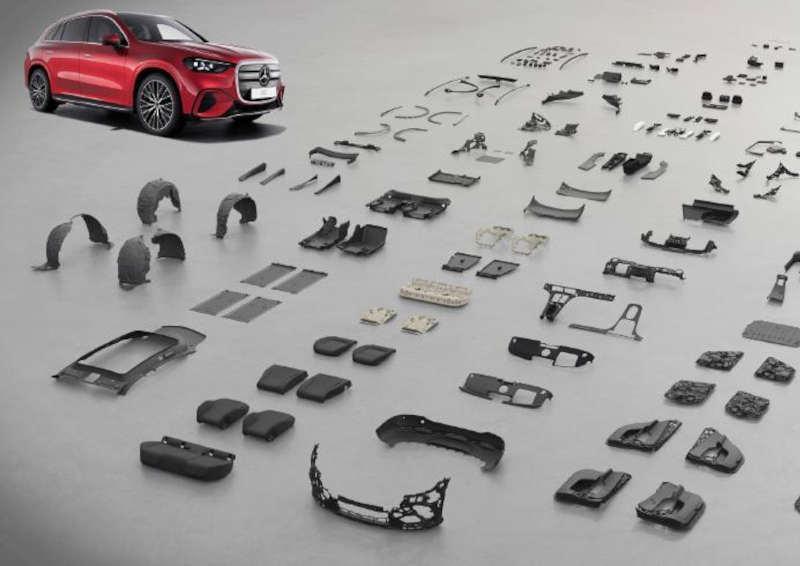 A graphic of the Mercedes-Benz GLC EV decarbonization effort with a display of parts