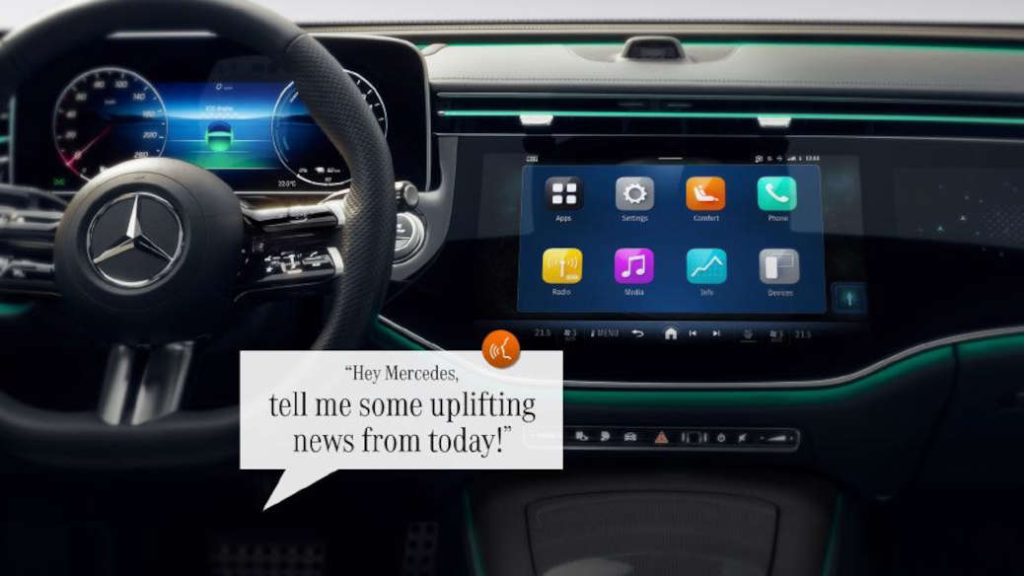 A depiction of interacting with the 2026 MBUX Virtual Assistant with Google Gemini