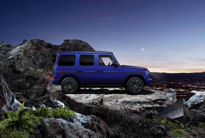 A side exterior view of the 2026 Mercedes-Benz G 580 off-roading.