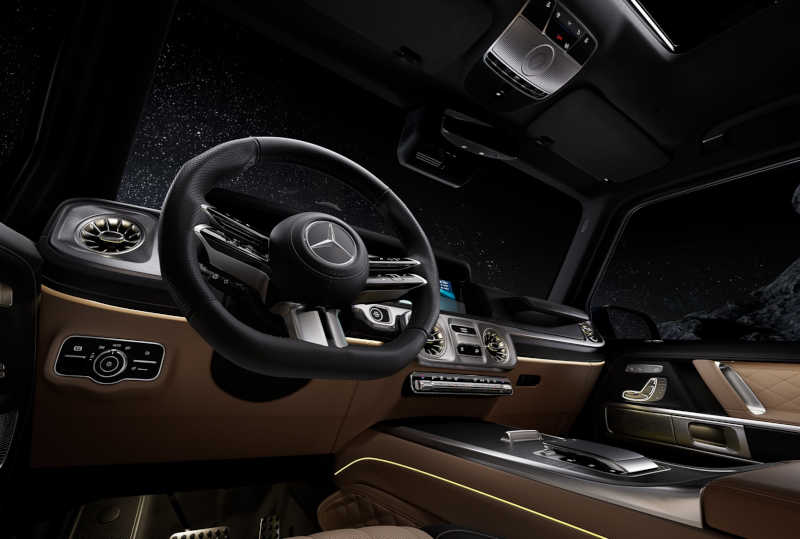 An interior view of the 2026 Mercedes-Benz G 580 cockpit and controls.