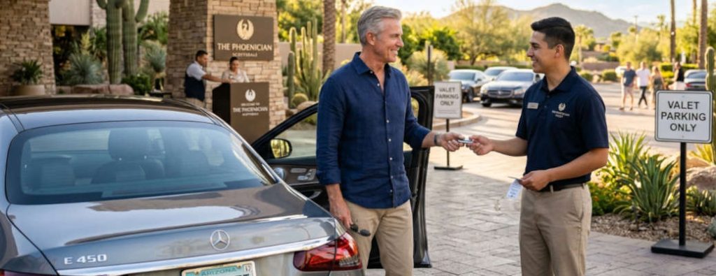 A man handing the key to his Mercedes-Benz with valet geofencing to a valet parking attendant in Scottsdale, AZ.