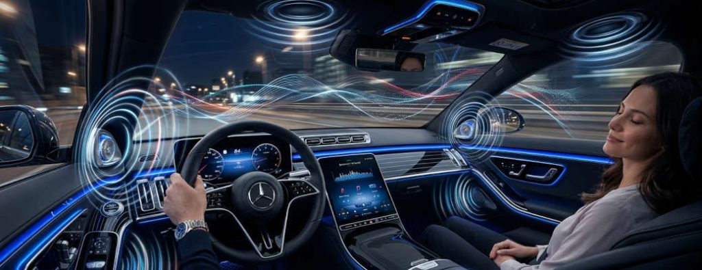 A graphical representation of a digital couple enjoying the high quality sound in a Mercedes-Benz